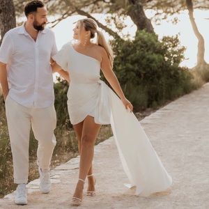 SACHIN & BABI Dova Puffed One-Shoulder Bow Train Wrap Mini Dress- Bridal